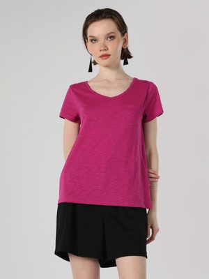 Regular Fit V Yaka Basic Pembe Kadın Kısa Kol Tişört Cl1034536