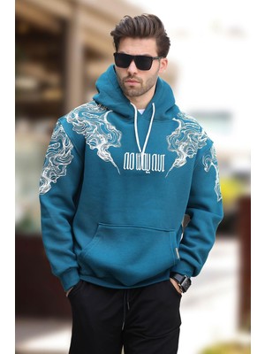 Madmext Petrol Mavisi Kapüşonlu Cep Detaylı Baskılı Erkek Sweatshirt 7052