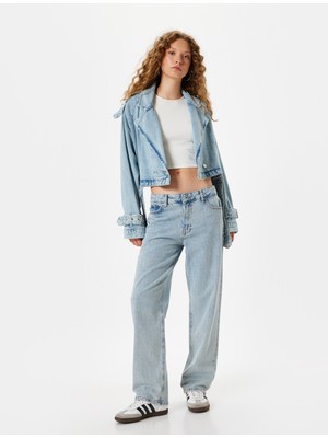 Koton Taşlı Kot Pantolon Düz Paça Pamuklu Normal Bel - Straight Jean