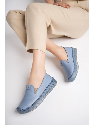 Tarçın Ayakkabı Hakiki Deri Kot Mavi Kadın Deri Babet TRC175-0700