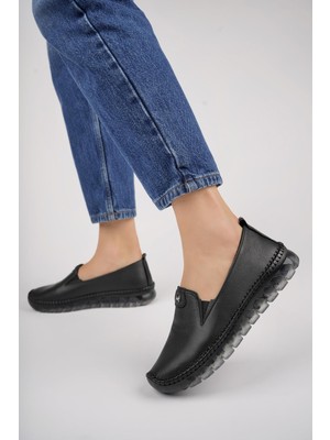 Tarçın Ayakkabı Hakiki Deri Siyah Kadın Deri Babet TRC175-0700