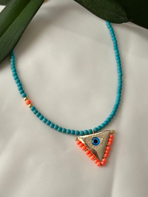 Mi Brillo Accessories Turkuaz Muska Nazar Detaylı Turunculu Boncuk Kolye