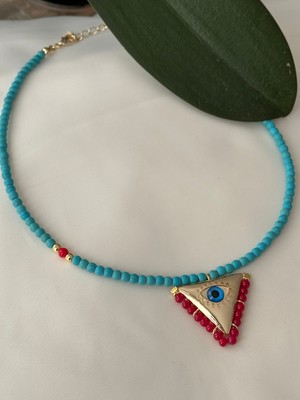 Mi Brillo Accessories Turkuaz Muska Nazar Detaylı Kırmızı Boncuk Kolye