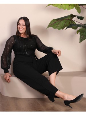 Butik Nilyam Kadın Büyük Beden Bisiklet Yaka Uzun Kol Payet Detaylı Esnek Abiye Tulum 24147 Siyah