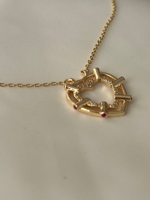 Mi Brillo Accessories Serenay Zirkon Taşlı Gold Kalp Kenarları Fuşya Taş Detaylı Kolye