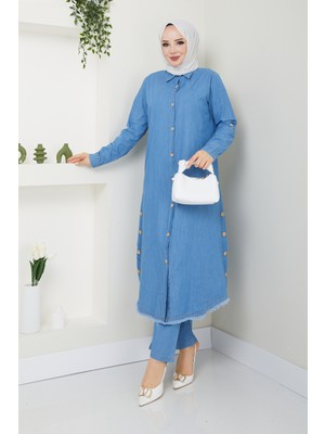Pamuk Butik Kadın Ahşap Düğme Detaylı Pantolonlu Ikili Kot Takım