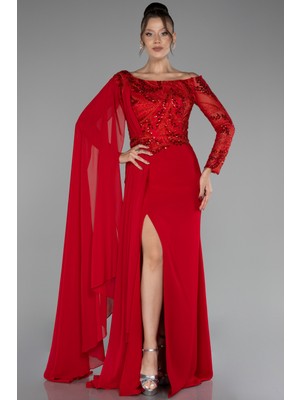 Abiyefon Işlemeli Tek Kol Şallı Abiye Elbise ABU3511