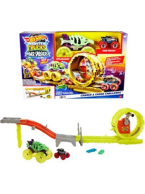 Hot Wheels Monster Trucks Power Smashers Oyun Seti, Devasa Skelesaurus, 1:64 ölçekli Bone Shaker ve 2 ezilmiş araba ile HXT05