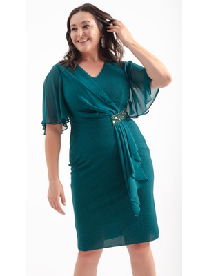 Lafaba Kadın Zümrüt Yeşili V Yaka Kısa Kollu Büyük Beden Midi Abiye Elbise