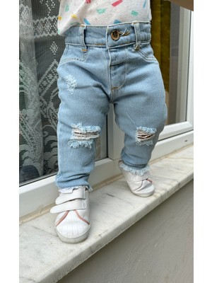 Minny Max Çocuk Jean Denim Pantolon Yırtık ve Paça Kesik Detaylı Beli Ayarlanabilir Lastikli