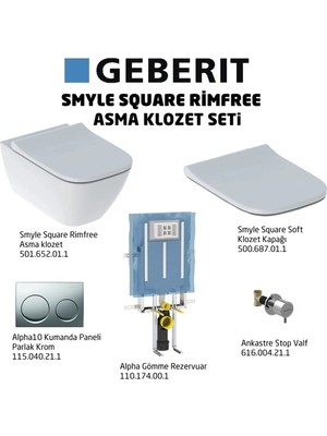 Geberit Smyle Square Rimfree ALPHA10 Soft Asma Klozet Seti, Parlak Krom