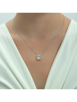 Usho Jewelry Pırlanta Modeli Şık Dikdörtgen Kolye 925 Ayar Gümüş