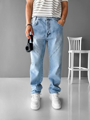 Abluka Online Baggy Fit Dikiş Detaylı Jean Mavi