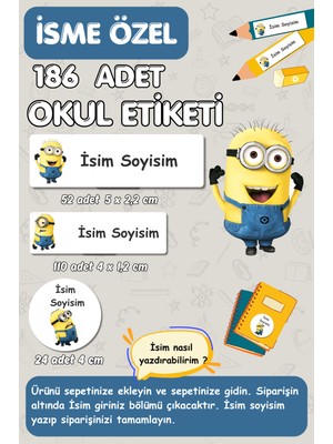 Burak Baskı Tasarım Okul Etiketi , Isme Özel Yazılabilen Etiket , Defter Kalem Etiket SETI-186 Adet/ E012/MINIONS