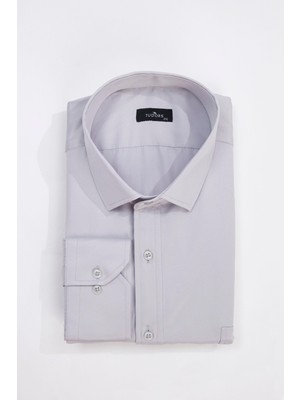 Tudors Erkek Büyük Beden Battal Uzun Kollu Pamuklu Tek Cepli Saten Gri Gömlek