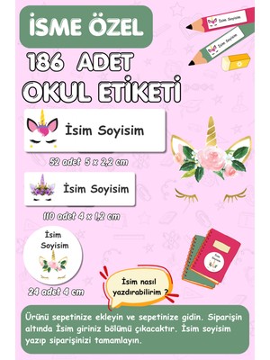 Burak Baskı Tasarım Okul Kalem Defter Kitap Etiketi Isme Özel Yazılabilen Etiket Seti - 186 Adet - Unicorn Temalı / E017