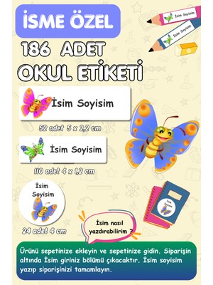 Burak Baskı Tasarım Kalem Defter Kitap Etiketi Isme Özel Yazılabilen Okul Etiket Seti - 186 Adet -Kelebekler /E018