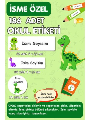 Burak Baskı Tasarım Isme Özel Yazılabilen Etiket Seti Kalem Defter Kitap - 186 Adet-Dinozor Temalı- E016- Okul Etiketi