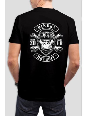 Motorcu Maymun Baskılı Siyah Tişört C836