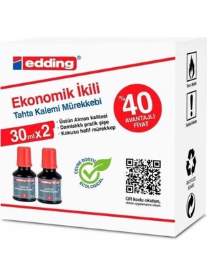 Edding Tahta Kalem Mürekkebi Damlalıklı Ekonomik 30 ml Kırmızı 2 Li BT30