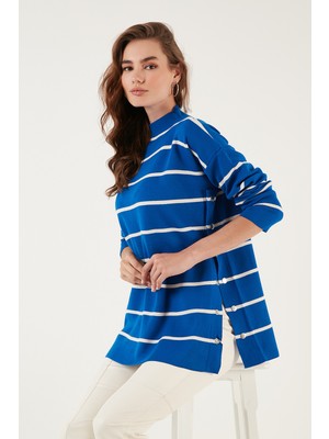 Lela Çizgili Dik Yaka Oversize Triko Kazak Bayan Kazak 4615197Y