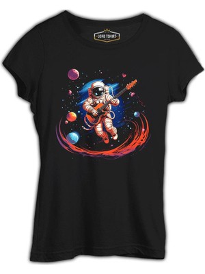 Lord T-Shirt Uzayda Gitar - Astronot Siyah Bayan Tshirt