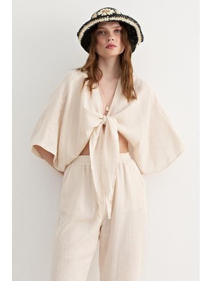 Tena Kadın Taş Yarasa Kol Ön Bağlamalı Gömlek