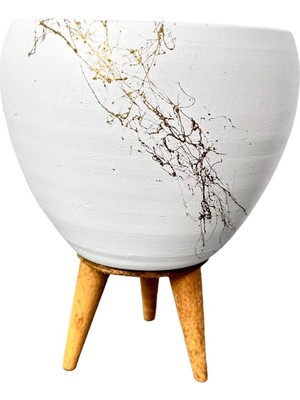 Bitki Tasarımı Ev Dekorasyon Beyaz Üzeri Gold Mermer Efektli Toprak Saksı Saksılık Salon Çiçeklik 3 Ayaklı - 15 Cm