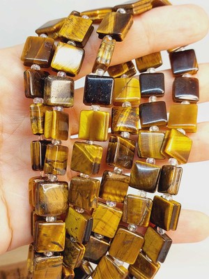 Yaşam Tohumu Kaplan Gözü Taşı Yandan Oyuklu Kare Kesim 10X10MM Yarım Dizi (49564) (18CM Uzunluğundadır)