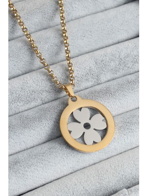 Clariss 316L Çelik Gold Renk Beyaz Yonca Model Kadın Kolye