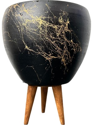 Bitki Tasarımı Ev Dekorasyon Siyah Üzeri Gold Mermer Efektli Toprak Saksı Saksılık Salon Çiçeklik 3 Ayaklı - 15 Cm