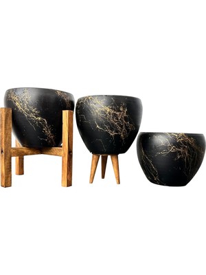Bitki Tasarımı Ev Dekorasyon Siyah Üzeri Gold Mermer Efektli Toprak Saksı Saksılık Salon Çiçeklik Üçlü Set - 15 Cm