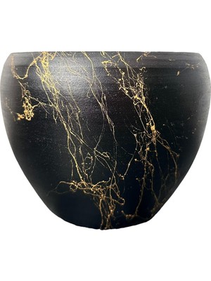 Bitki Tasarımı Ev Dekorasyon Siyah Üzeri Gold Mermer Efektli Toprak Saksı Saksılık Salon Çiçeklik - 15 Cm