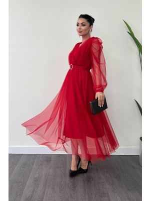 Giyimmasalı Tül Kumaş Kruvaze Yaka Taş Kemer Detaylı Elbise - Kırmızı