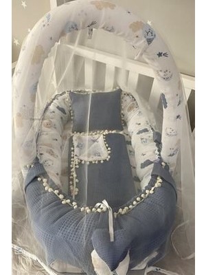 Nest Denim Pike Kumaş Müslin Ponponlu Jaju-Babynest ve Yorgan Oyuncak Aparat ve Tül Set