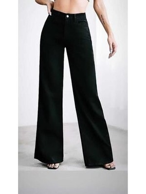 Livik Isla Power Likralı Kadın Siyah Süper Yüksek Bel Salaş Paça Denim Kot Pantolon LVK-001040A
