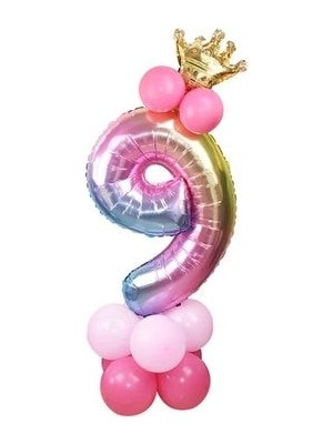 Rakam Balon Karşılama Seti 9 Yaş Gökkuşağı Renkleri Rakam Balon Altın Taçlı 9 Rakamlı Balon