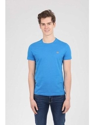 Nakışlı Bisiklet Yaka Mavi Erkek Tişört