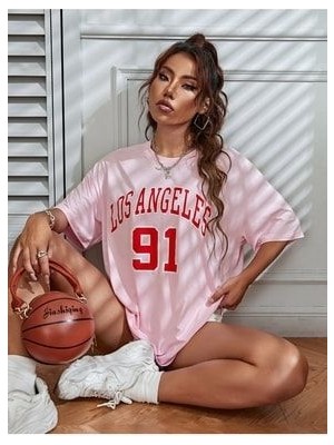 Mercoledi 91 Losangeles Pembe Oversize Salas Boyfriend Kadın T-Shirt Top Bluz