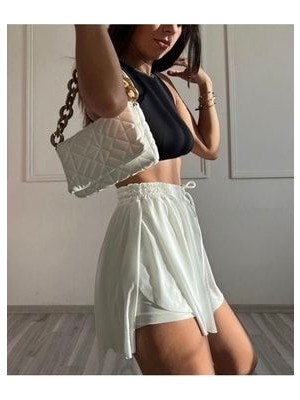 Kadın Beyaz Bol Kesim Içi Taytlı Spor Şort Etek Beyaz