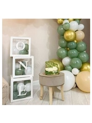 1 Yaş Doğum Günü One Balon Kutusu Retro Okaliptus Krom Gold Pastel Beyaz Balon Zinciri Seti