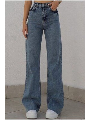 Limabel Orta Kar Mavi Kadın Salaş Likralı 90's Süper Yüksek Salaş Paça Kot Palazzo Pantolon
