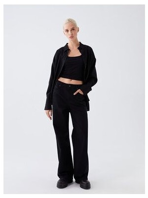 ByCukurovaFrango Nelson Fex Likralı Kadın Siyah Yüksek Bel Bol Paça Salaş Jans Kot Pantolon