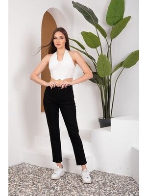 ByCukurovaFrango Benjamin Kadın Likralı Siyah Mom Jeans Kot Pantolon