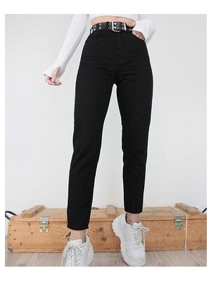 ByCukurovaFrango Lisa Kadın Siyah Yüksek Bel Mom Likralı Jeans