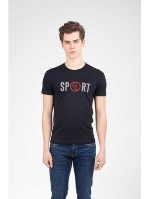 Sport Baskılı Bisiklet Yaka Lacivert Erkek Tişört