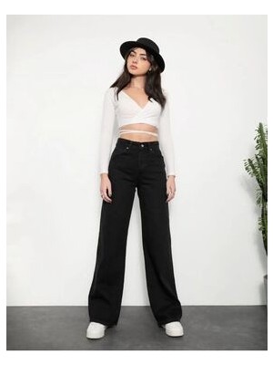 ByCukurovaFrango Zero Max Delpotro Likralı Kadın Siyah Süper Yüksek Bel Salaş Paça Denim Kot Salaş Pantolon