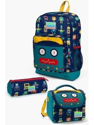 Coral High Kids Lacivert Çivit Robot Desenli 3’lü Okul Çanta Seti SET0123472