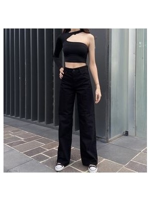 ByCukurovaFrango Leo Penelope Alisya Kadın Salaş Likralı 90's Solmayan Siyah Süper Yüksek Bel Bol Paça Denim Kot