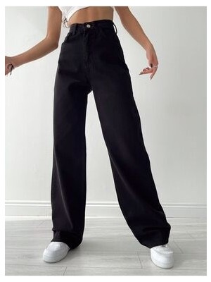 ByCukurovaFrango Leo Penelope Lussi Power Likralı Kadın Siyah Yüksek Bel Salaş Paça Salaş Jans Kot Pantolon